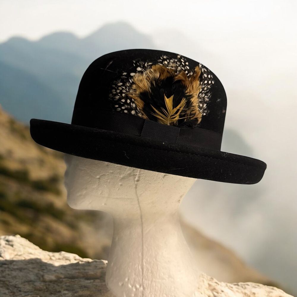 b new york Black Hat with Feather Accent